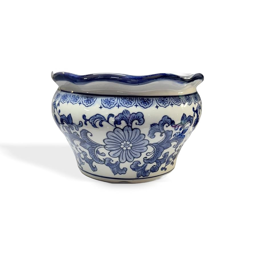10.5" Beautiful Ruffel Scalloped Top Oriental Daisy Flowers & Vine Blue & White Ceramic Potbelly ... | Amazon (US)