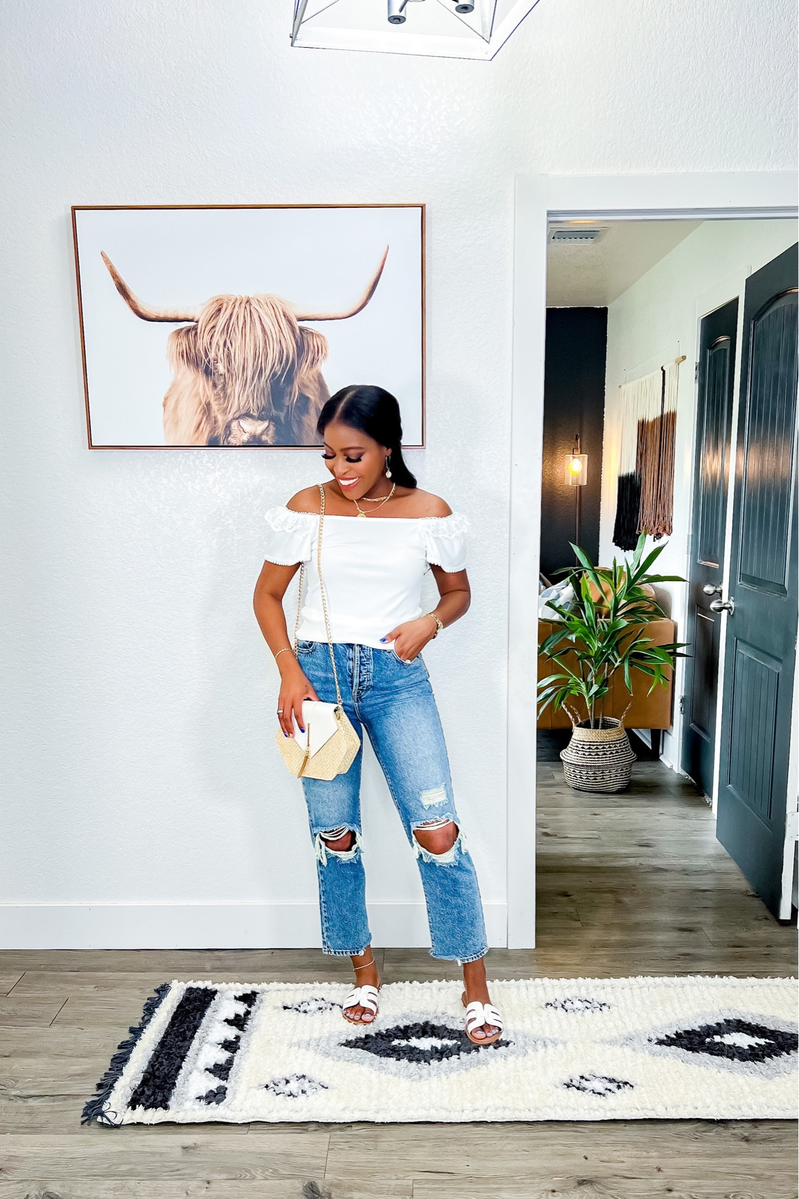 Top: Full length and you can wear it on or off your shoulders. I am wearing a size small & it is bump friendly. •Jeans: I am 5’4” wearing a size 25, true denim no stretch. •Sandals: Fit true to size. 

#LTKstyletip #LTKsalealert #LTKunder50