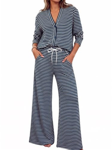 Fisoew Womens 2 Piece Lounge Set Striped Cardigan Pant Sets Travel Outfits | Amazon (US)