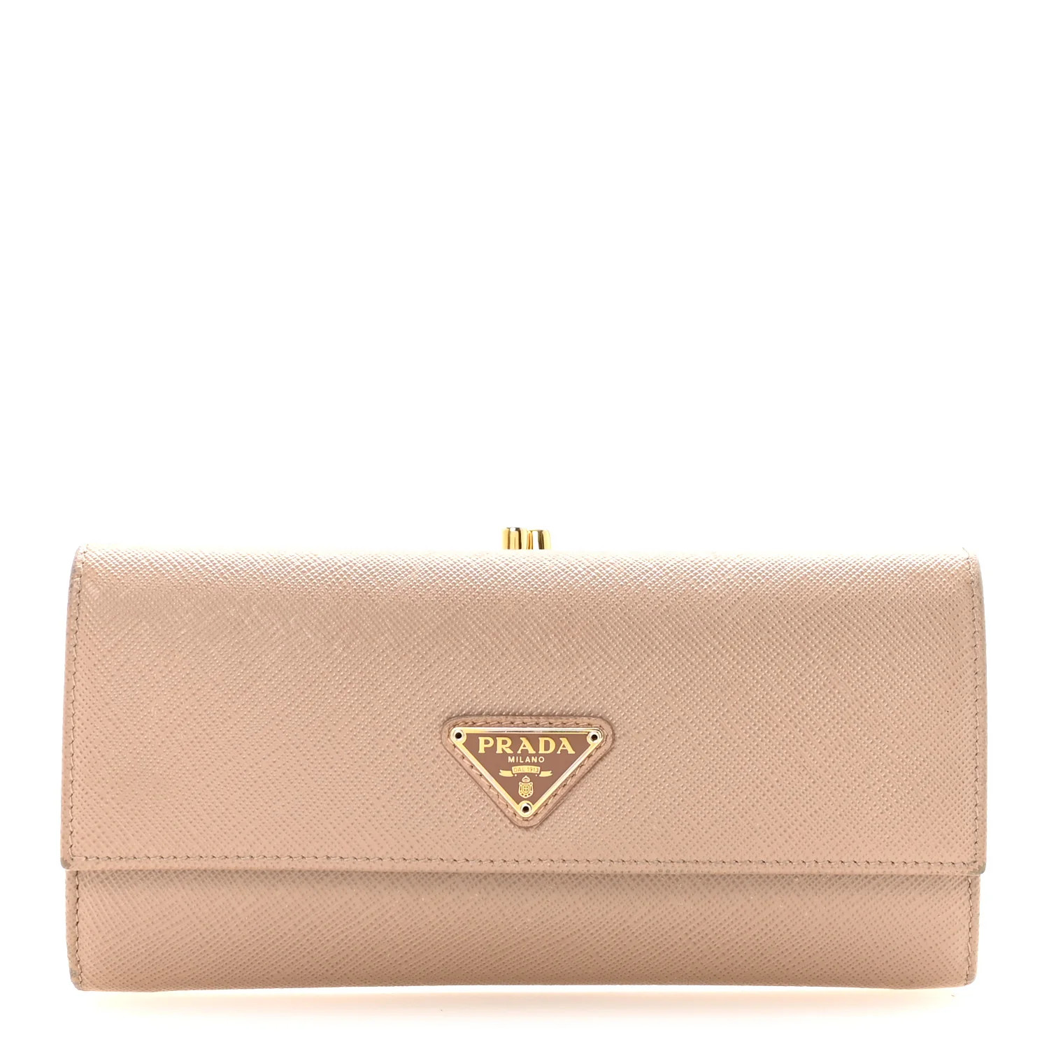 Saffiano Triangle Kiss Lock Flap Wallet Cammeo | FASHIONPHILE (US)