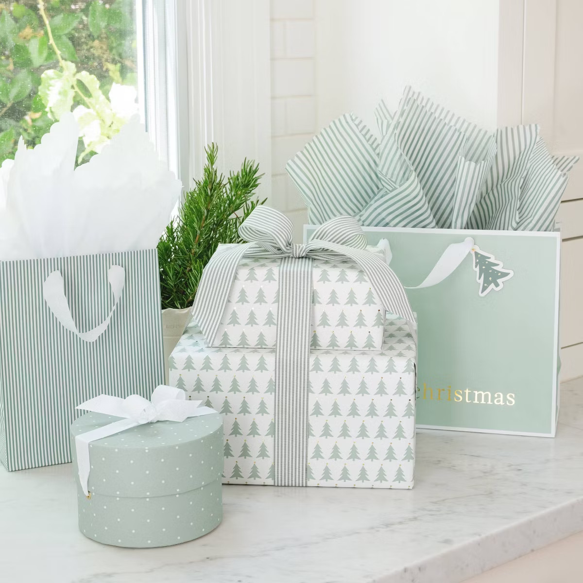 118"x30" Christmas Tree Foil Dot Wrapping Paper Green/White/Gold - Sugar Paper™ + Target | Target