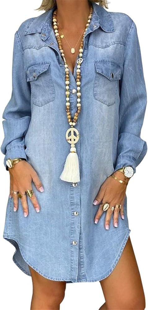 Women Denim Shirt Dress Long Sleeve Blouse Dress Jeans Shirt Dresses Button Down Tops with Pocket... | Amazon (US)