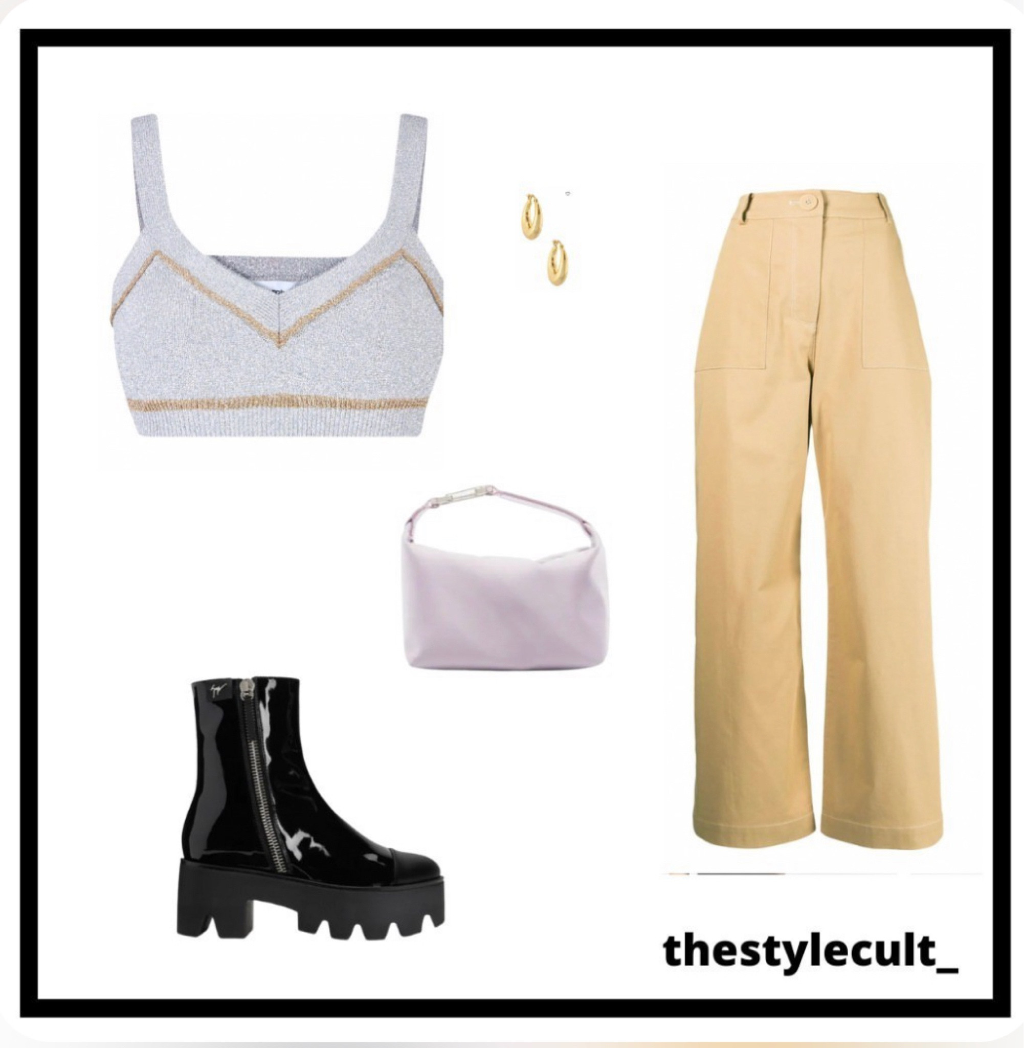 • paco rabanne lurex bandeau cropped top | gold hoops | jill sander clutch |  eera moon tote | anna quan  wide-leg trousers | giuseppe zanotti boots

#LTKitbag #LTKSeasonal #LTKstyletip