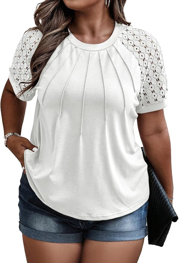 Eytino Plus Size Tops for Women Summer Lace Short Sleeve Crewneck Loose Casual Blouse Tunic T Shi... | Amazon (US)