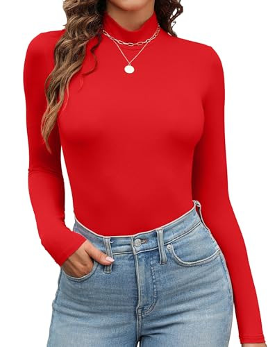 Cnlinkco Turtle Neck Shirts - Fall Long Sleeve Tops for Women - Casual & Business Outfits - Red, Large | Amazon (US)