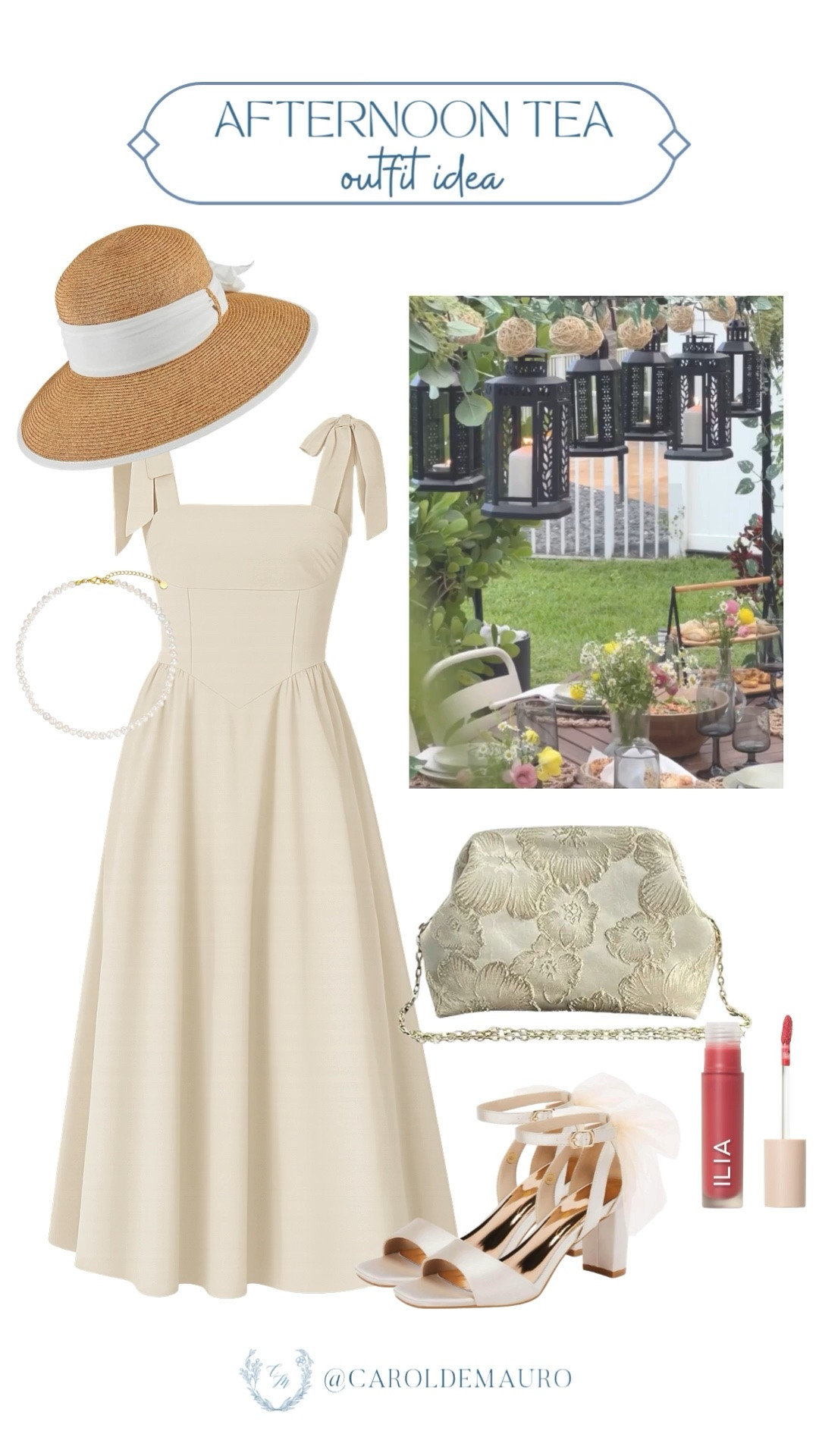 Soft, feminine, and completely put-together — this cream tie-shoulder midi with a wide-brim straw hat and pearl necklace is the afternoon tea look I keep coming back to. The floral jacquard clutch is such a good finishing touch.

afternoon tea outfit, garden party look, midi dress outfit, straw hat style, summer dress, feminine fashion, outfit inspo, petite style

#LTKootd #LTKPetite #LTKU
