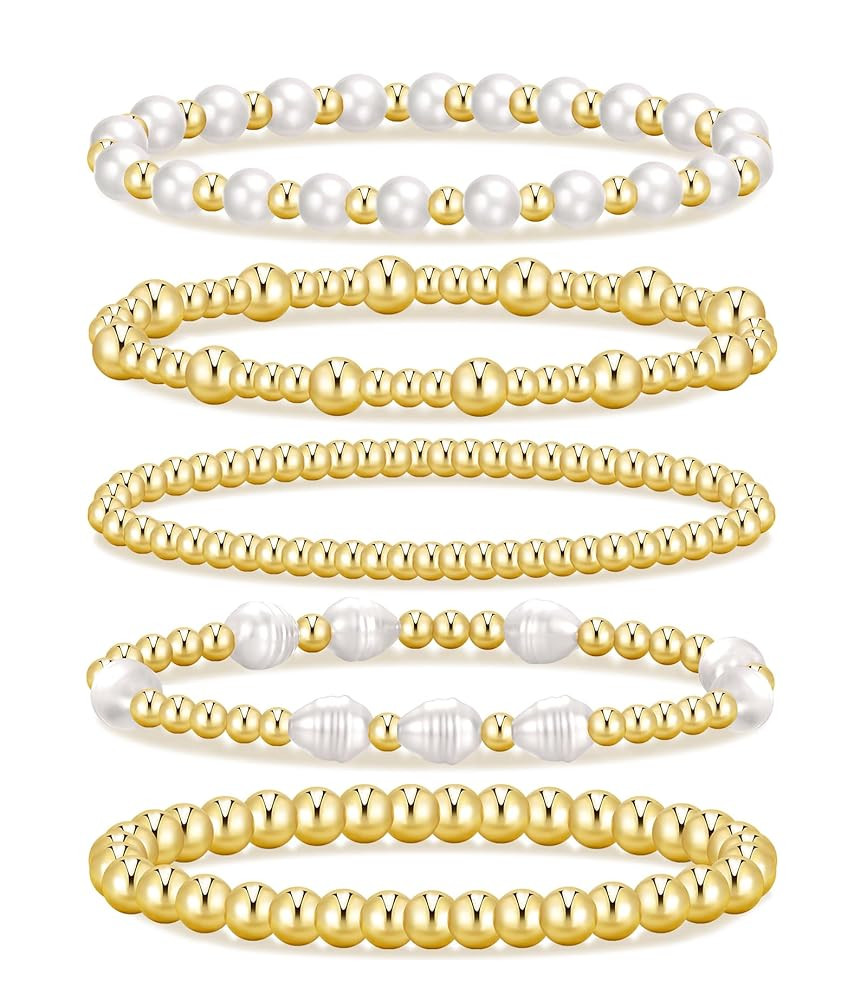 Gold Beaded Bracelets for Women, 14K Real Gold Plated Jewelry for Women Dainty Pearl Bead Bracele... | Amazon (US)