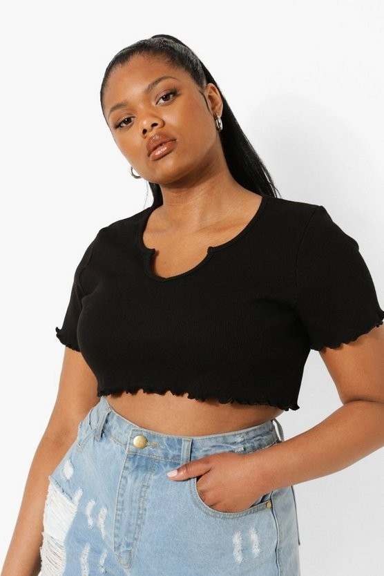 Plus Notch Neck Lettuce Hem Crop Top | Boohoo.com (US & CA)
