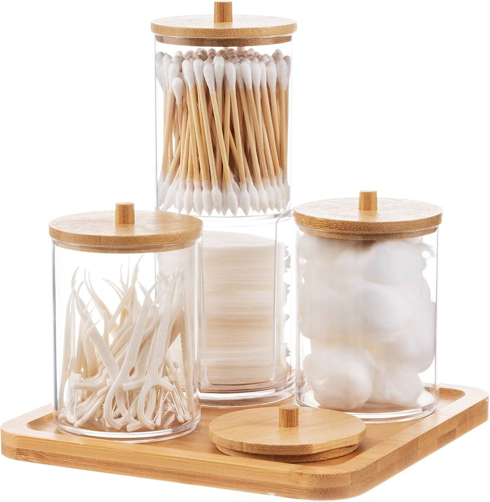 4 Pack Acrylic Qtip Holder Dispenser with Bamboo Lid + Bamboo Vanity Tray- Stackable Qtip Apothec... | Amazon (US)