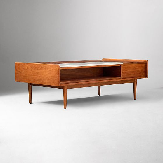 Mid-century double pop up 51 inch coffee table, walnut, marble