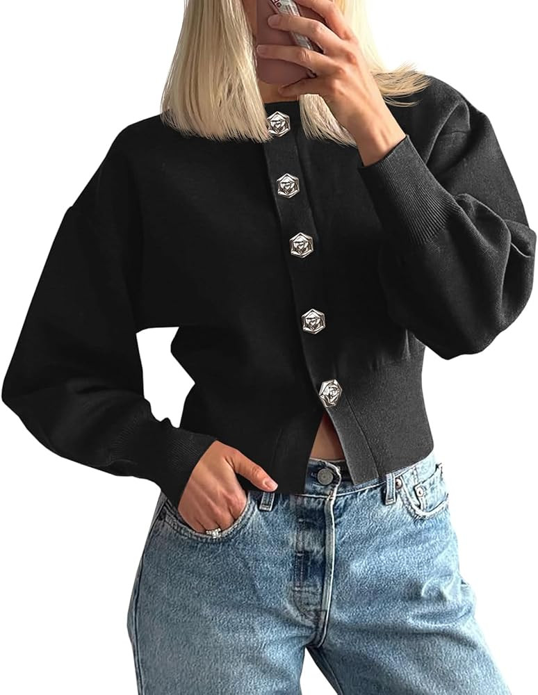 Saodimallsu Womens Button Up Cardigan Sweaters Fall Trendy Long Lantern Sleeve Knit Crew Neck Swe... | Amazon (US)