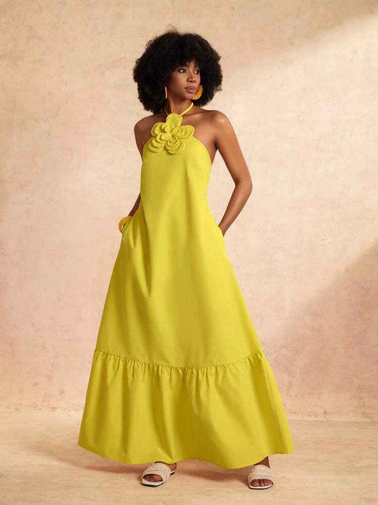 Zivah 2025 Summer New Music Festival Easter Western Nomadic Elegant Dignified Weddings Birthdays Graduations Students Daily Casual Vacation Cruise Beach Sunny Fashion Elegant Commuter Business Halter Tie-Up 3D Floral Decor Sexy Open Back Loose A-Line Yellow Women Dress | SHEIN