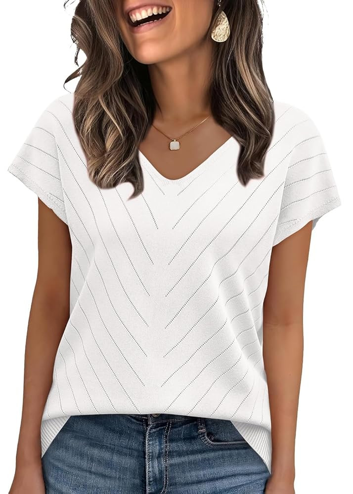 WIHOLL Short Sleeve Sweater for Women V Neck Trendy Summer Tops 2025 Beach Vacation Clothes Trave... | Amazon (US)
