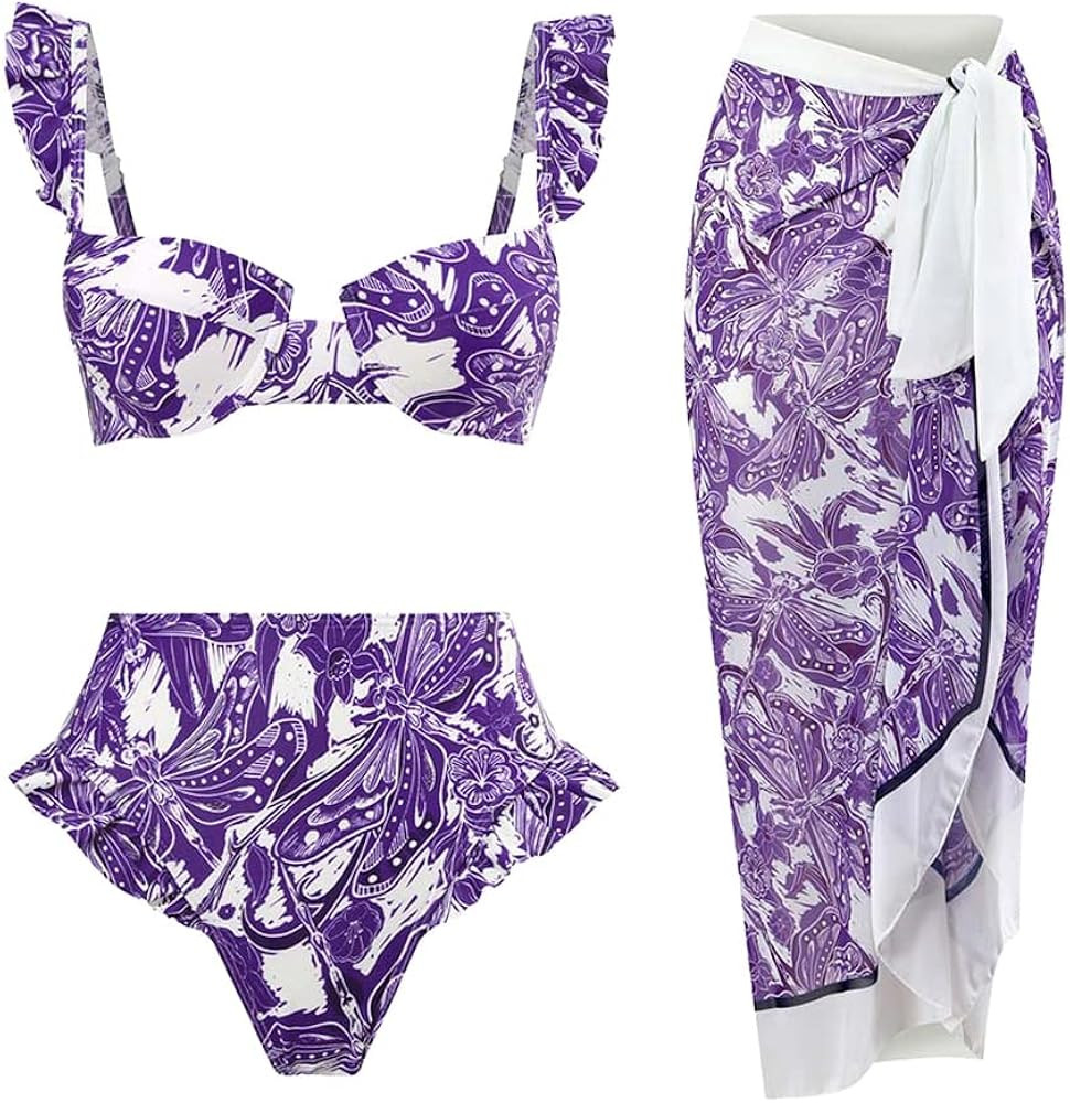Wuitrie Womens Bikini Set 3 Piece Elegant Vintage Print Ruffled Lace Up Brazilian Thong Swimsuits... | Amazon (US)