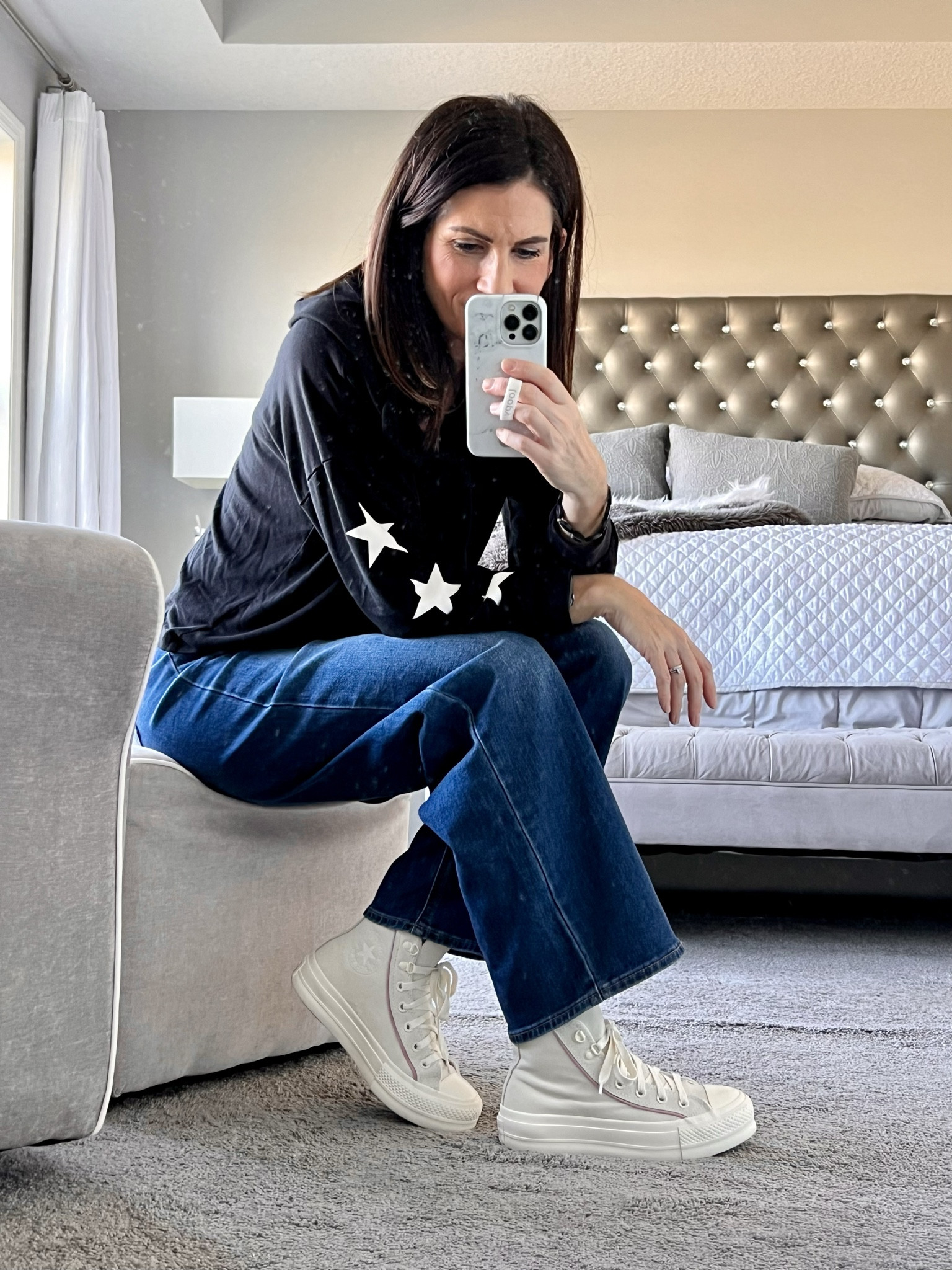 Chuck Taylor Converse high tops. Platform, so comfortable! Love the neutral color options. True to size, on sale right now. 

Wide leg jeans are a closet staple. 50% off right now! 

#LTKCyberWeek #LTKGiftGuide #LTKSeasonal