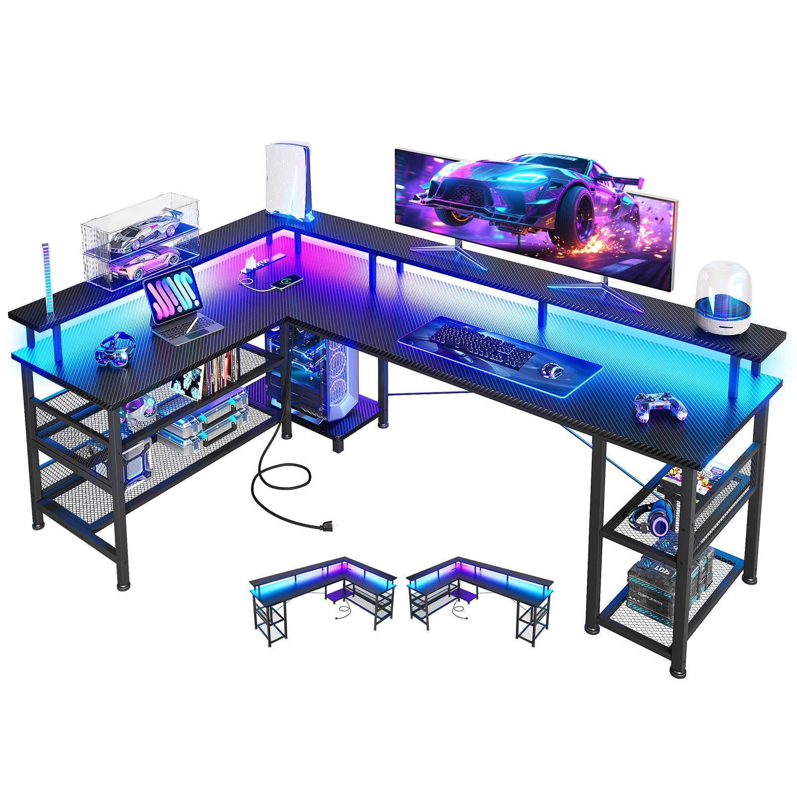 ODK 66" L Shaped Gaming Desk with Power Outlet and LED Lights, PC Gaming Table with Carbon Fiber ... | Amazon (US)