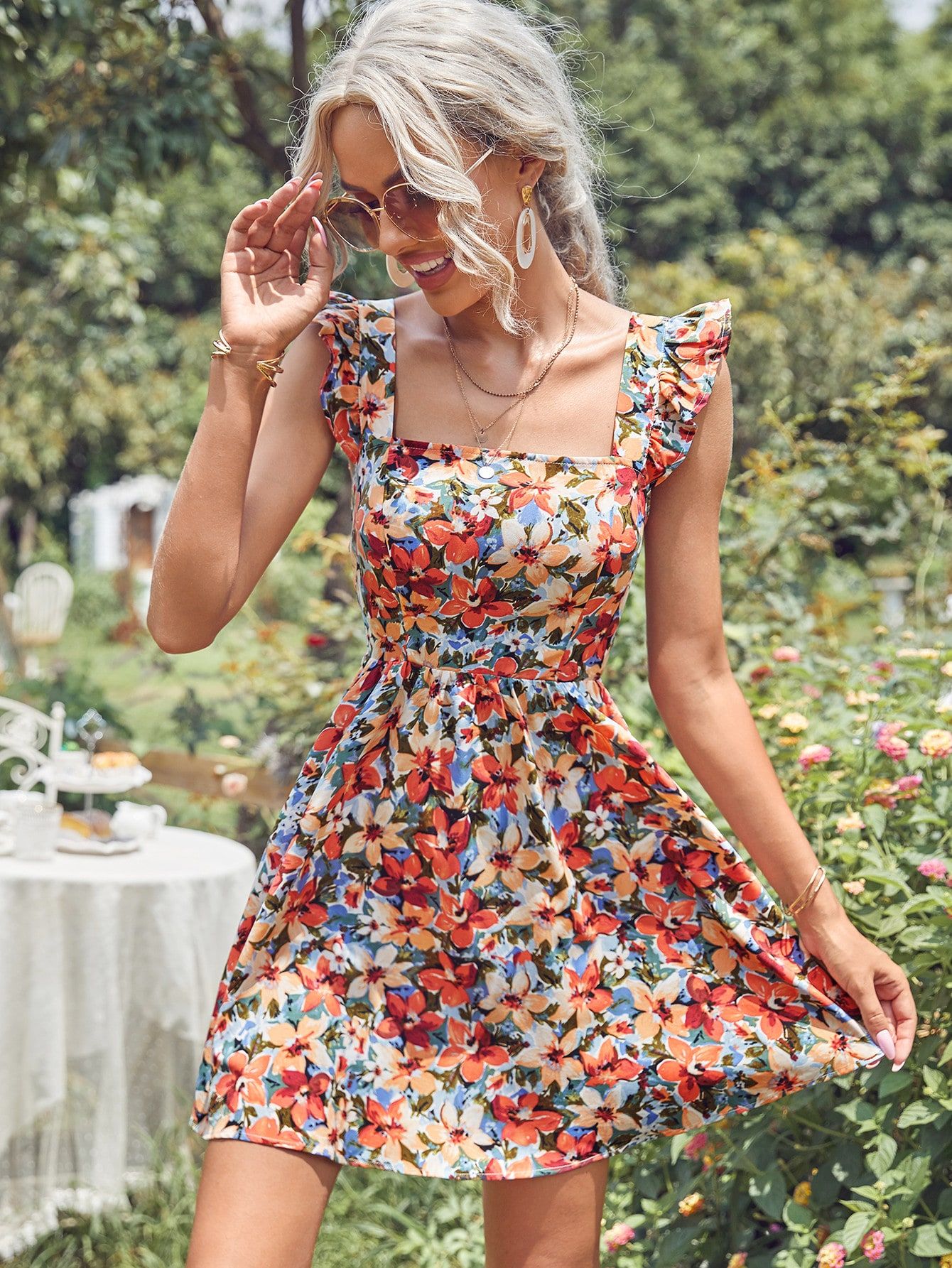 SHEIN Frenchy Ruffle Armhole Tie Back Floral Print Dress | SHEIN