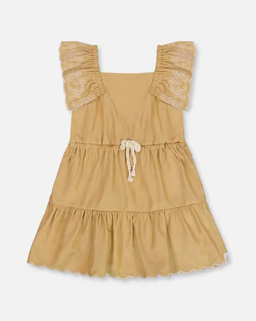 Deux par Deux Baby Girl's Chambray Dress With Embroidery Golden Beige at Nordstrom, Size 3T | Nordstrom