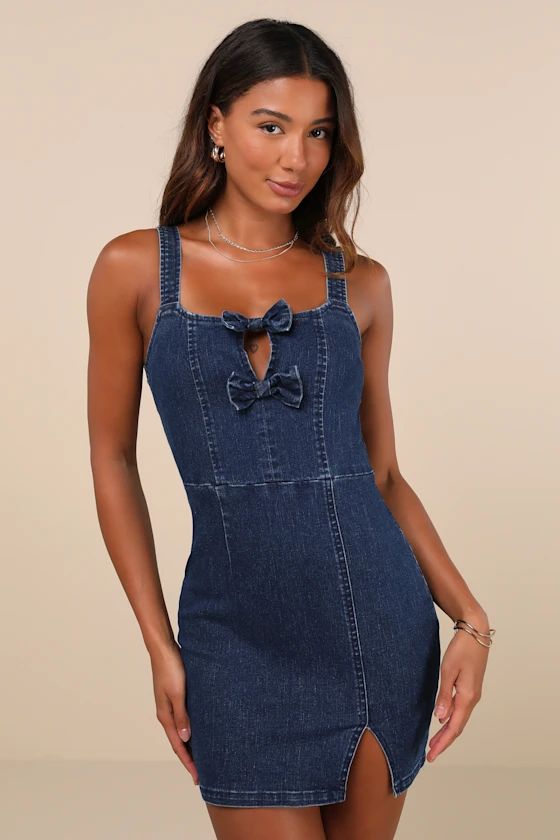 Decidedly Precious Dark Wash Chambray Bow Mini Dress | Denim Dress Outfit  | Lulus