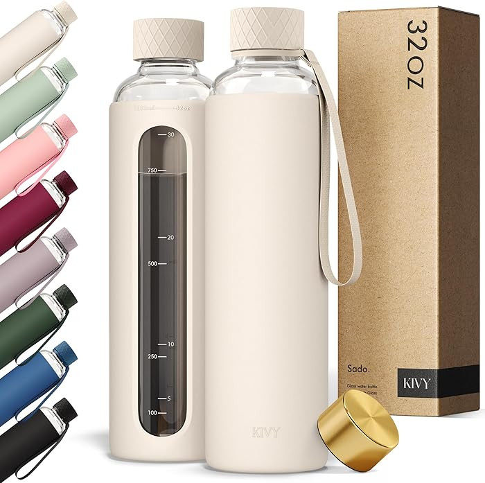 KIVY Glass Water Bottle with Silicone Sleeve 32 oz [WITH MEASUREMENT] - Borosilicate Glass Water ... | Amazon (US)