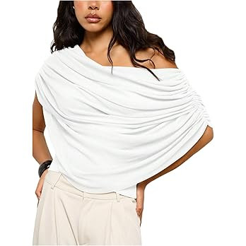 Milumia Women's Off The Shoulder Ruched Mesh Top Draped Asymmetrical Short Sleeve T Shirts | Amazon (US)