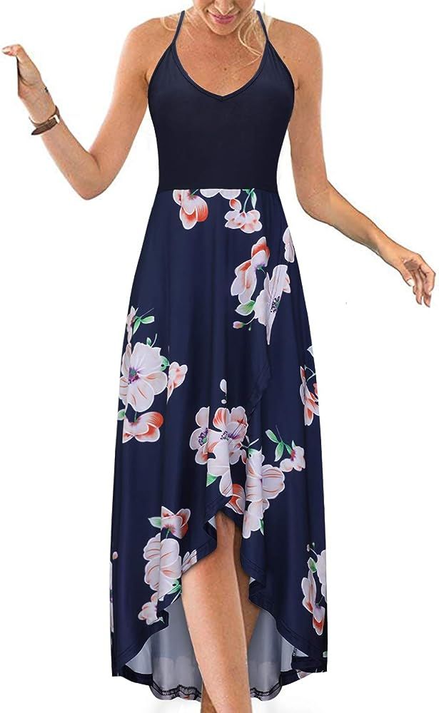 Women's V Neck Sleeveless Casual Summer Sundresses Asymmetrical Patchwork Floral Maxi Dresses | Amazon (US)