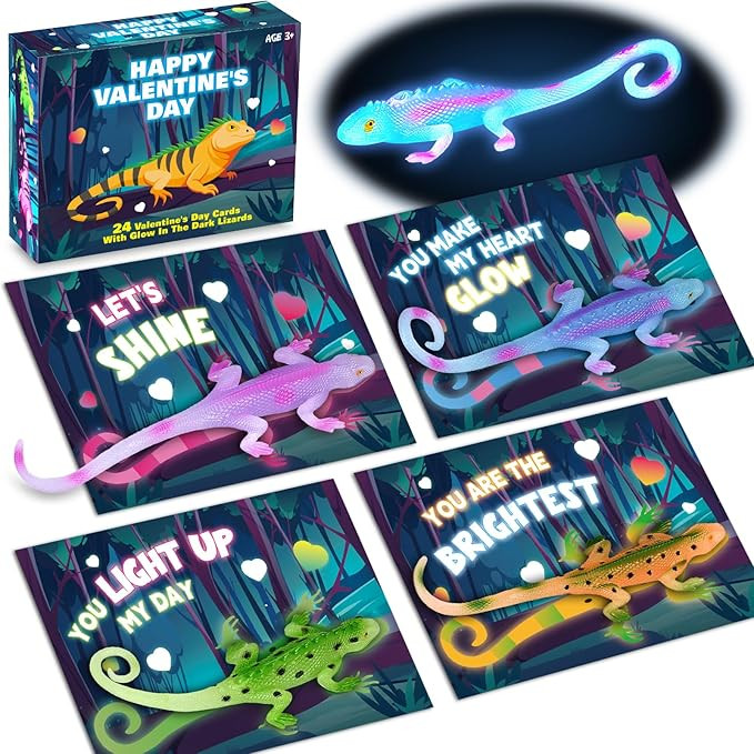 SpringFlower Valentines Day Cards for Kids,Valentine's Cards with 24 Pack Glow in The Dark Lizard... | Amazon (US)