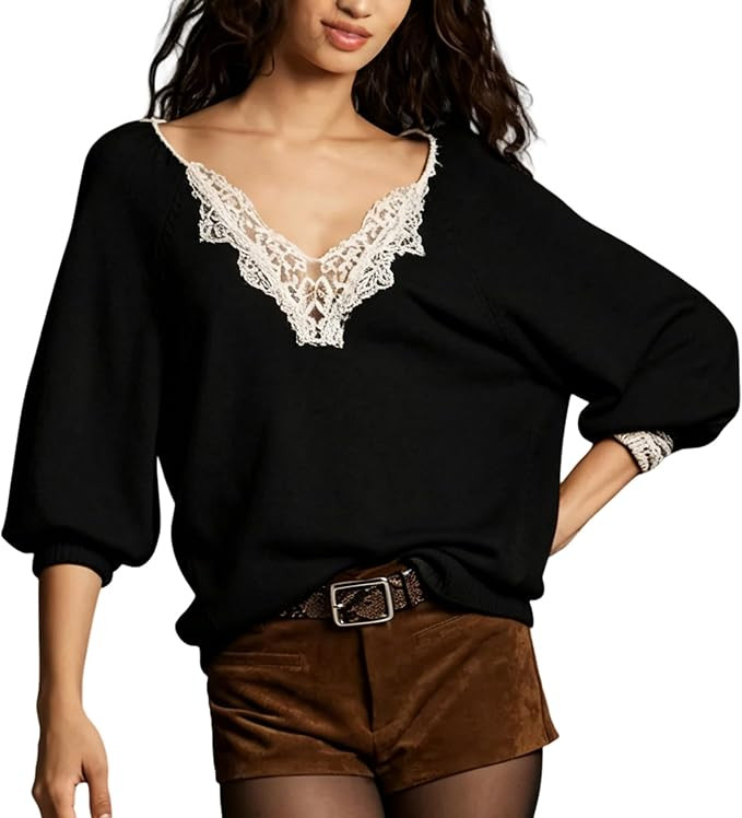 Lentta Women's Lace V Neck Oversized Sweater Fall Loose Knit Pullover Casual Soft Blouse Top for ... | Amazon (US)