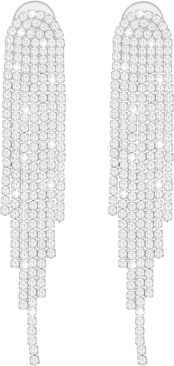 Long Tassel Earrings Crystal Chandelier Earring Bohemian Rhinestone Fringe Chain Earring Bridal J... | Amazon (US)