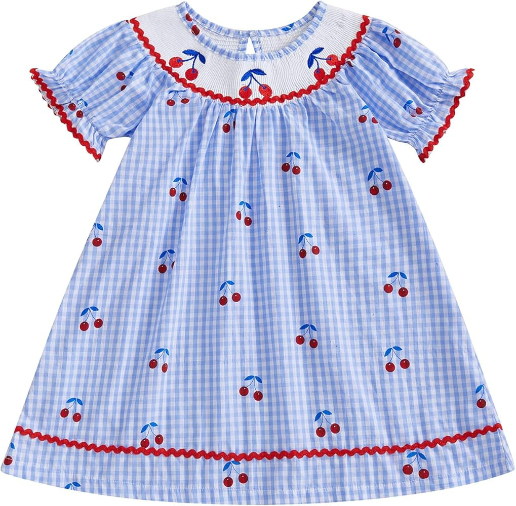 Toddler Little Baby Girl St Patricks Day Outfit Clover Smocked Dress Puff Short Sleeve Plaid Dres... | Amazon (US)