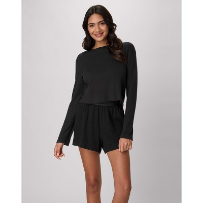 Hanes Women’s Rib Crop Long Sleeve Top and Sleep Shorts Set, Soft Lightweight Knit for Cozy Lounge and Nightwear Comfort Black/Black S | Target