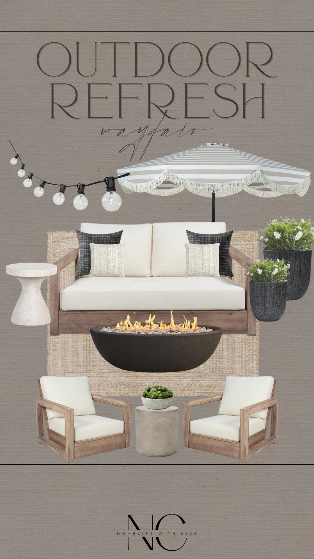 Let’s refresh our outdoor space for spring!!  Love this neutral color palette with pops of black! A fire pit for those slightly chilly nights, gorgeous planters, a great lounge sofa and matching conversational set has your hosting needs covered as well. And of course lighting for ambiance 

#LTKstyletip #LTKhome #LTKfamily