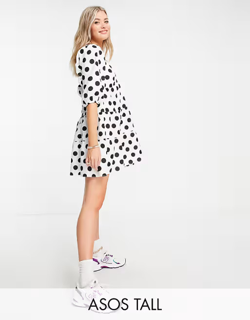 ASOS DESIGN Tall tiered mini smock dress in mono spot print | ASOS (Global)