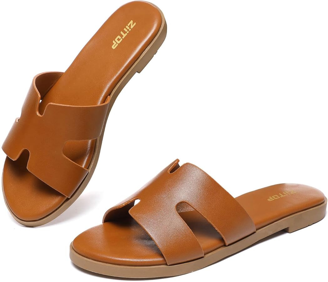 Women's Flat Sandals Fashion Ladies Slide Sandals Comfortable Slip On Leather Slippers for Casual... | Amazon (CA)