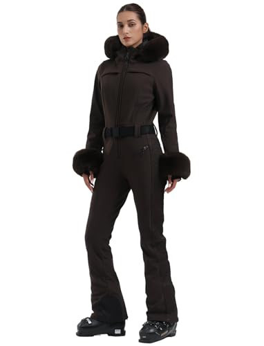 GSOU SNOW Womens Ski Suit One Piece Snowsuit Snowboard Jacket Slim Snow Jumpsuit Faux Fur Ski Outfit Waterproof Windproof Insulated,Brown M | Amazon (US)