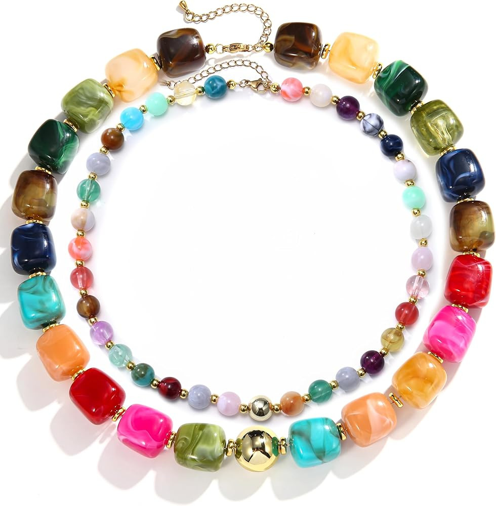BOMAIL 2PCS Chunky Acrylic Beaded Choker Necklaces for Women Boho Colorful Resin Bead Choker Neck... | Amazon (US)