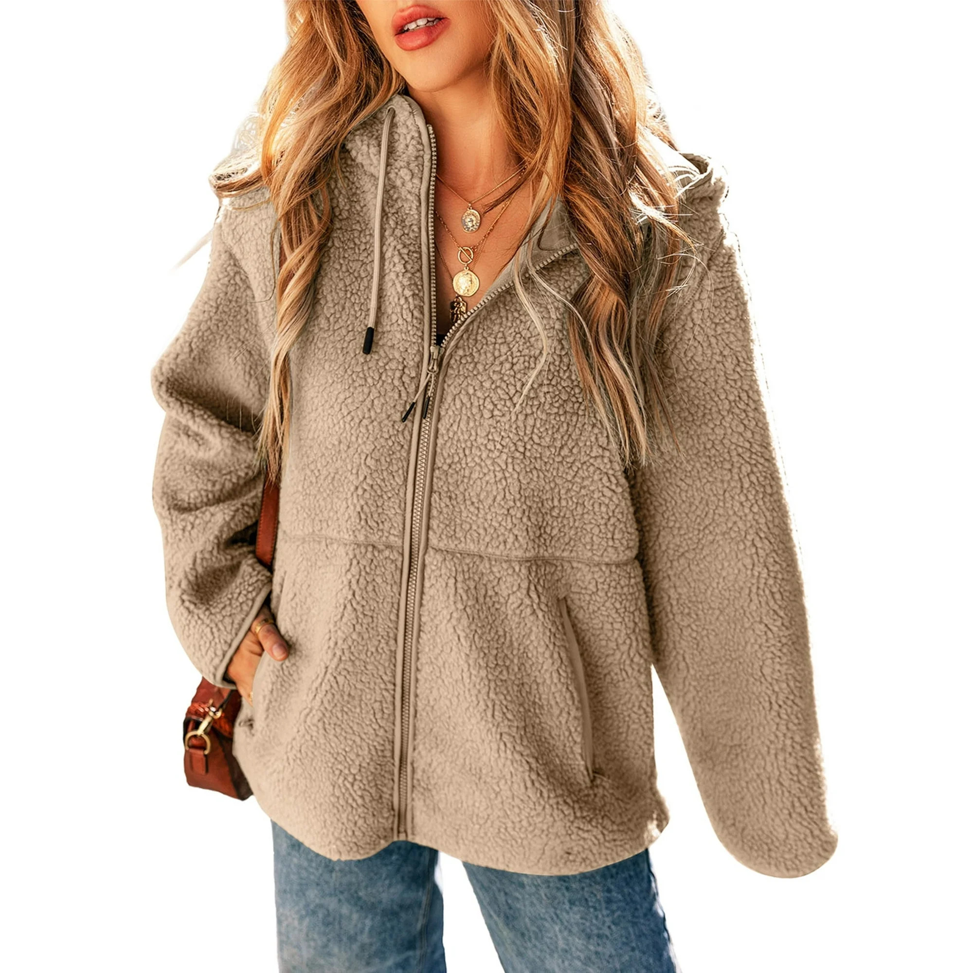 SHEWIN Womens Sherpa Jackets Fuzzy Hooded Zip Up Coats Casual Solid Long Sleeve Fleece Shacket Ja... | Walmart (US)