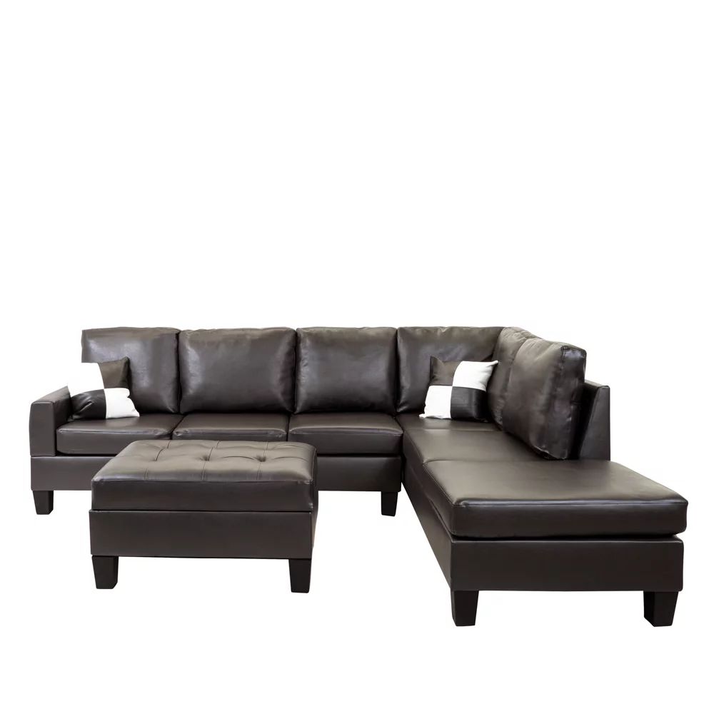 Mobilis 3 Piece Modern Reversible Tufted PU Leather Sectional Sofa Set with Ottoman, Espresso | Walmart (US)