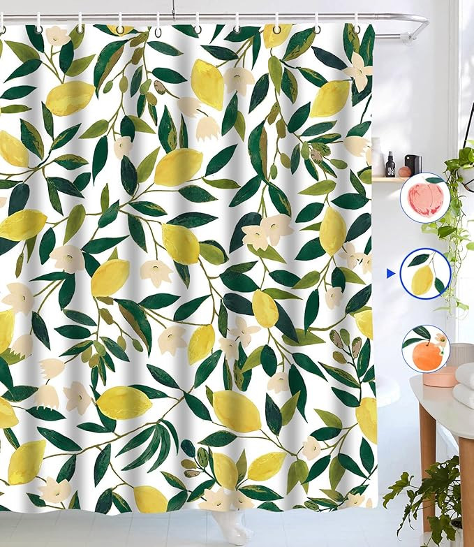 Lifeel Lemon Shower Curtain, Allover Fruits Green Leaves Plant Design Waterproof Fabric Bathroom ... | Amazon (US)