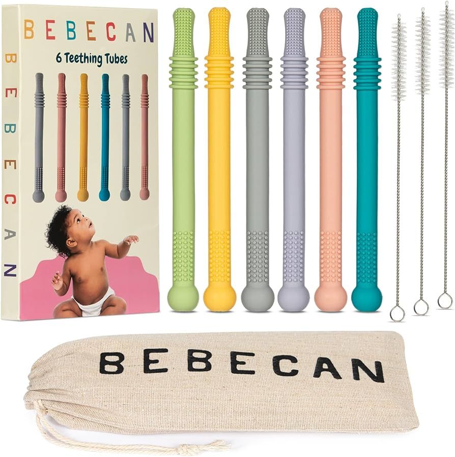 BEBECAN Teething Sticks for Babies 0-36 Months - Super Soft Silicone Teethers in 6 Vibrant Colors, I | Amazon (US)