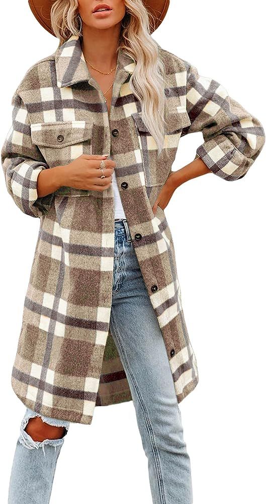 Womens Button Down Wool Blend Coat Brushed Plaid Casual Lapel Shacket Long Peacoat Oversized Jack... | Amazon (US)