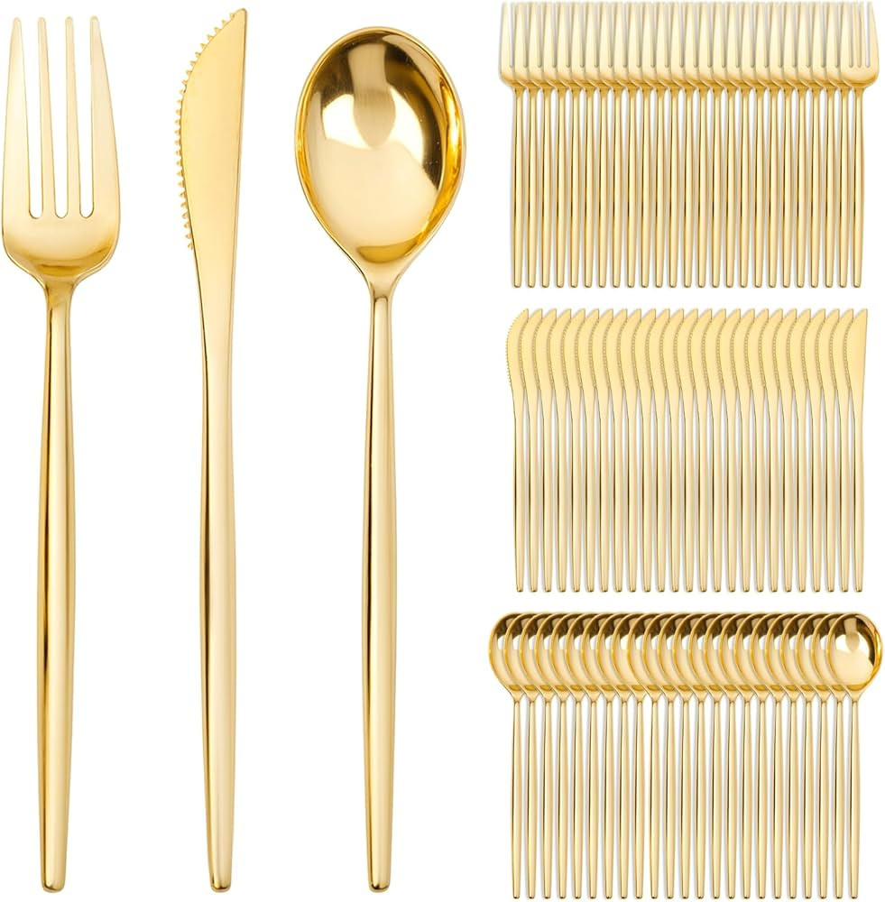 SUT 600 Pcs Gold Plastic Silverware, Gold Disposable Utensils, Heavy Duty Cutlery Set, Disposable... | Amazon (US)