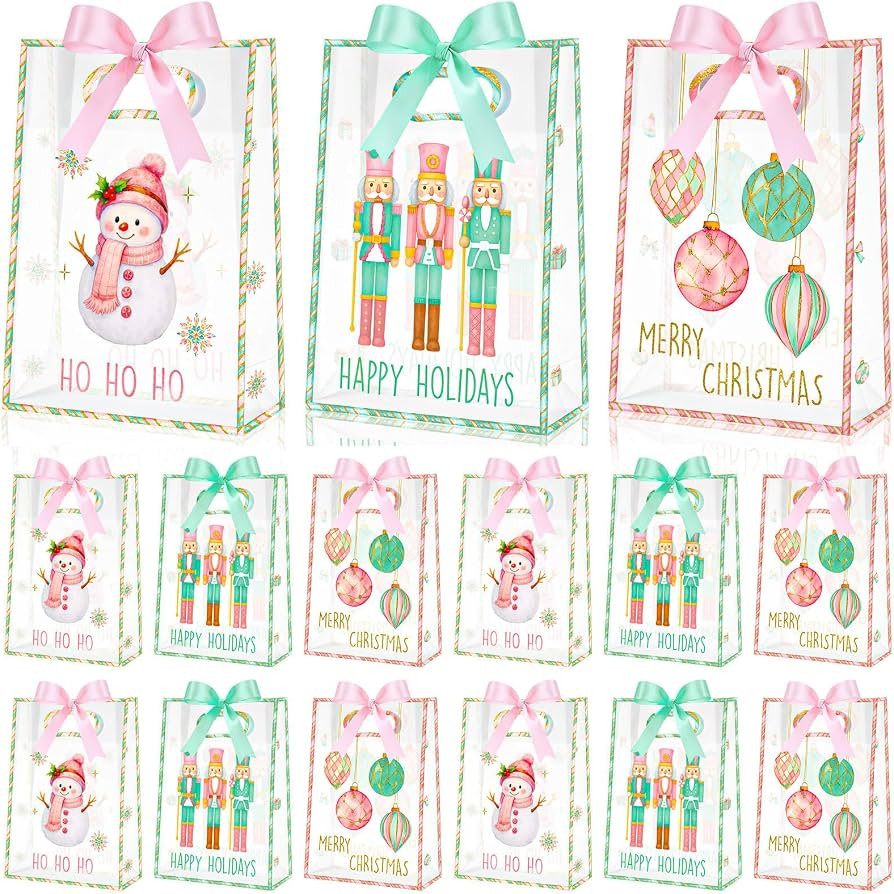 Aliceset 12 Pcs Pink Christmas Clear Gift Bags with Die Cut Handles Nutcracker Christmas Gift Bag... | Amazon (US)