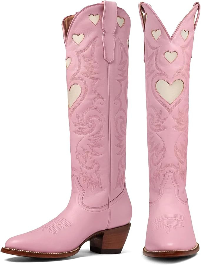 Cowboy Boots for Women Wide Calf Round Toe Chunky Stacked Heel Knee High Cowgirl Boot Heart Patte... | Amazon (US)