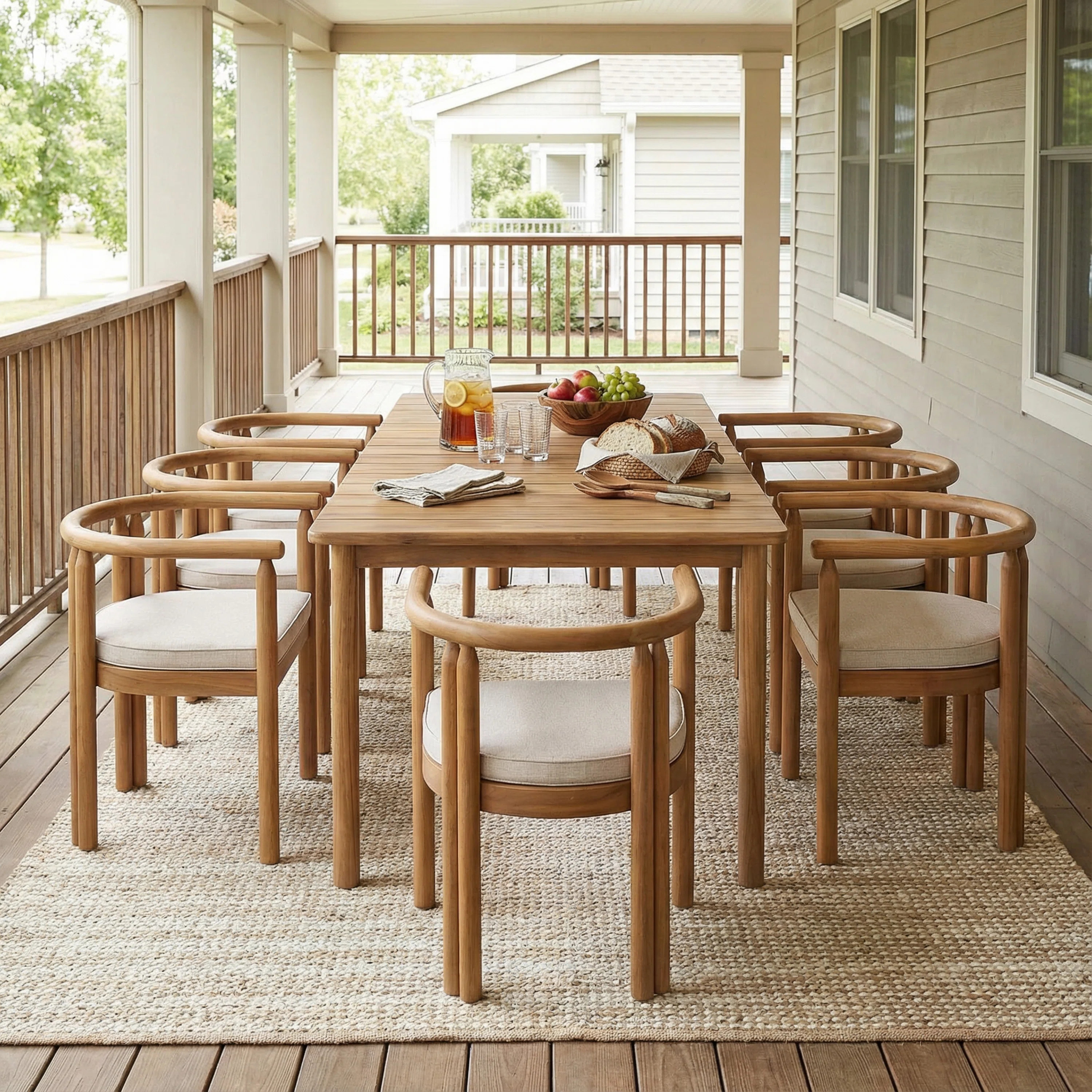 Bayshore 9-Piece Modern Coastal Acacia Wood Outdoor Dining Set With Cushioned Armchairs | Wayfair North America