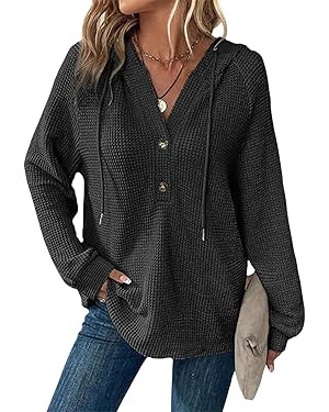 Hoodies for Women Comfortable Waffle Knit Long Sleeve Drawstring Button V Neck Casual Pullover Sw... | Amazon (US)