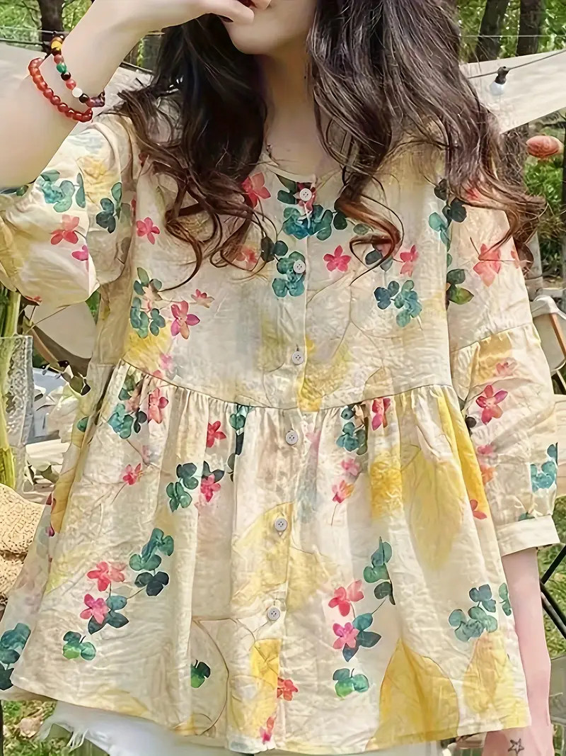 Floral Print Ruffle Hem Blouse Casual 3/4 Sleeve Blouse - Temu Canada | Temu Affiliate Program