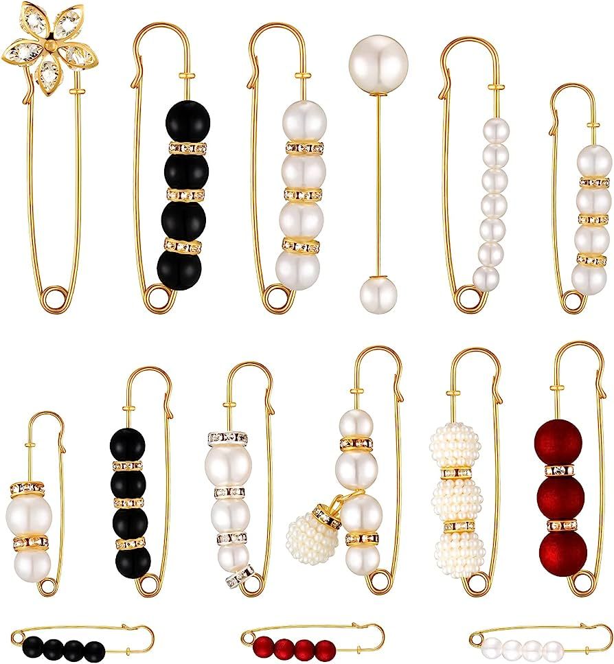 15 Pieces Sweater Clips for Cardigans Heavy Duty Safety Pins Fancy Safety Pins Faux Pearl Brooch ... | Amazon (US)