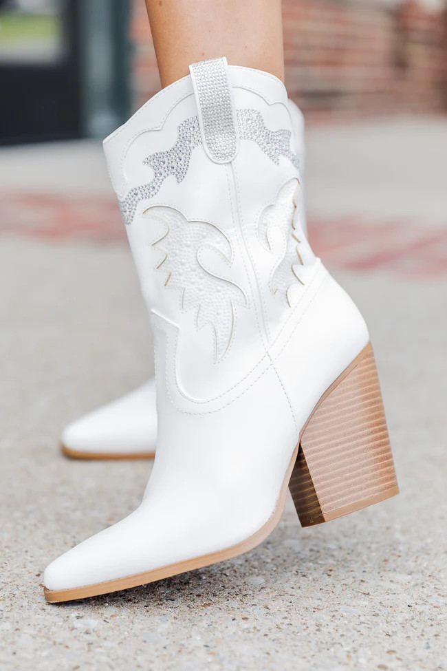 Kayla White Rhinestone Detail Cowboy Bootie FINAL SALE | Pink Lily