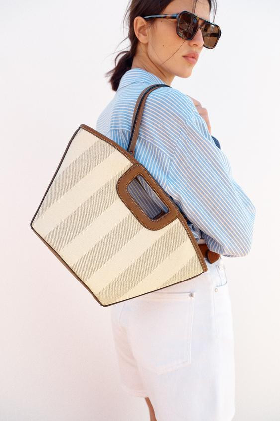 CANVAS TOPSTITCHED SHOPPER BAG | Zara US